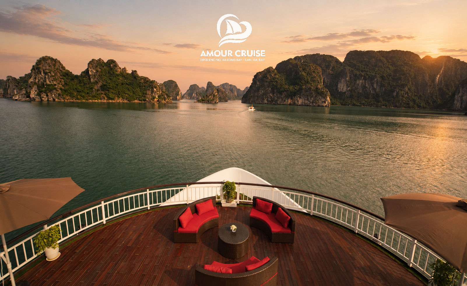 Sun-drenched romantic sundeck terrace on Amour Cruises